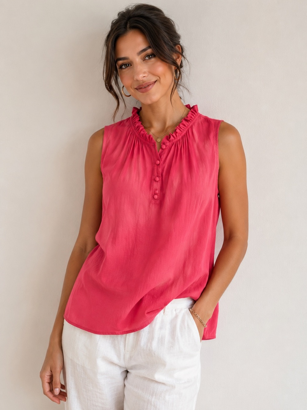 Loft Ruffled V-Neck Sleeveless Camisole in Red